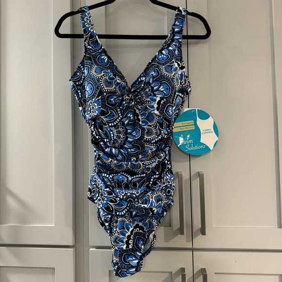 NWT Swim Solutions Blue Floral Mandala One‎ Piece Swimsuit w/ Ruching size 16 - Picture 1 of 6